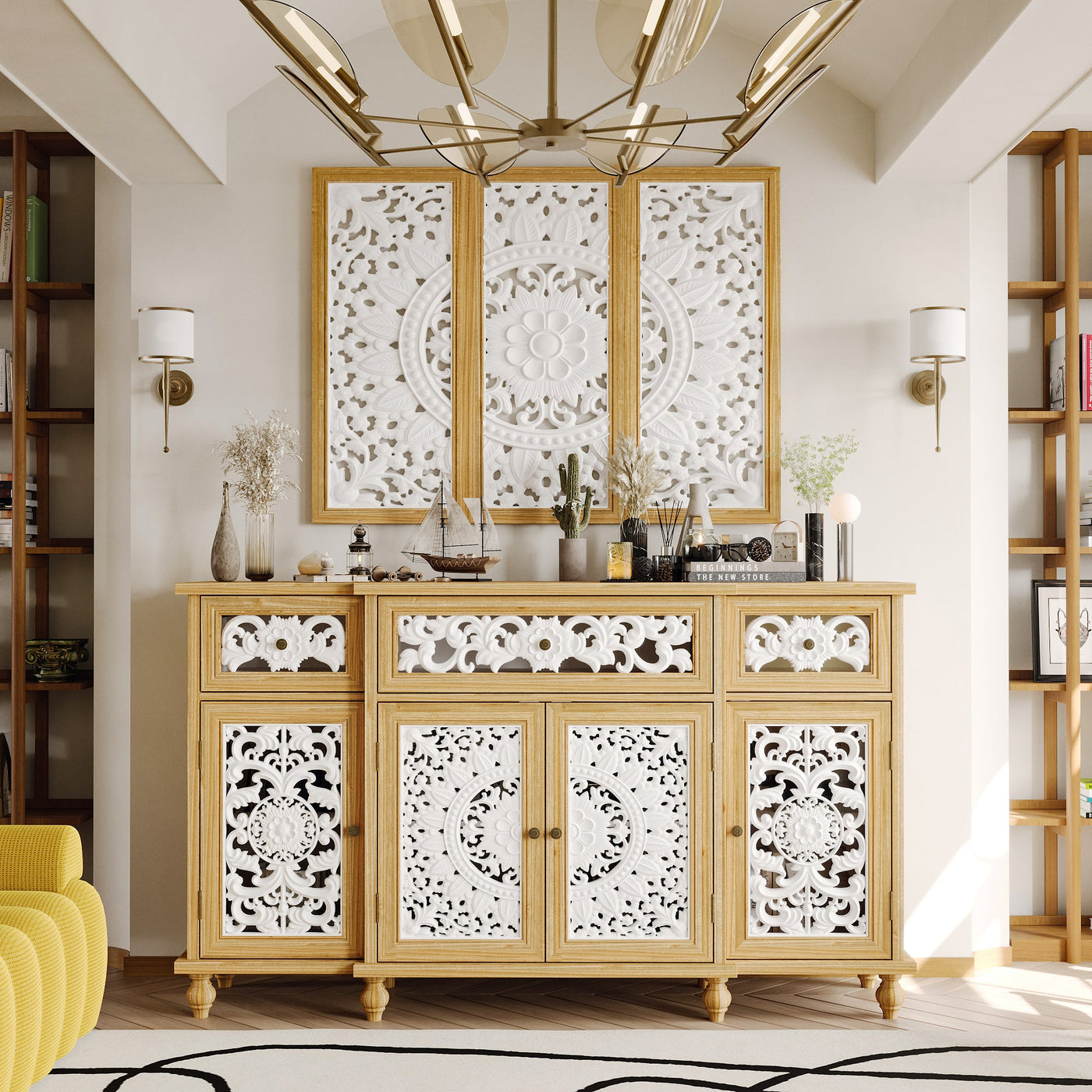 59.1" Bohemian Natural Sideboard Cabinet Buffet Storage Cabinet With Wall Hanging Decorations