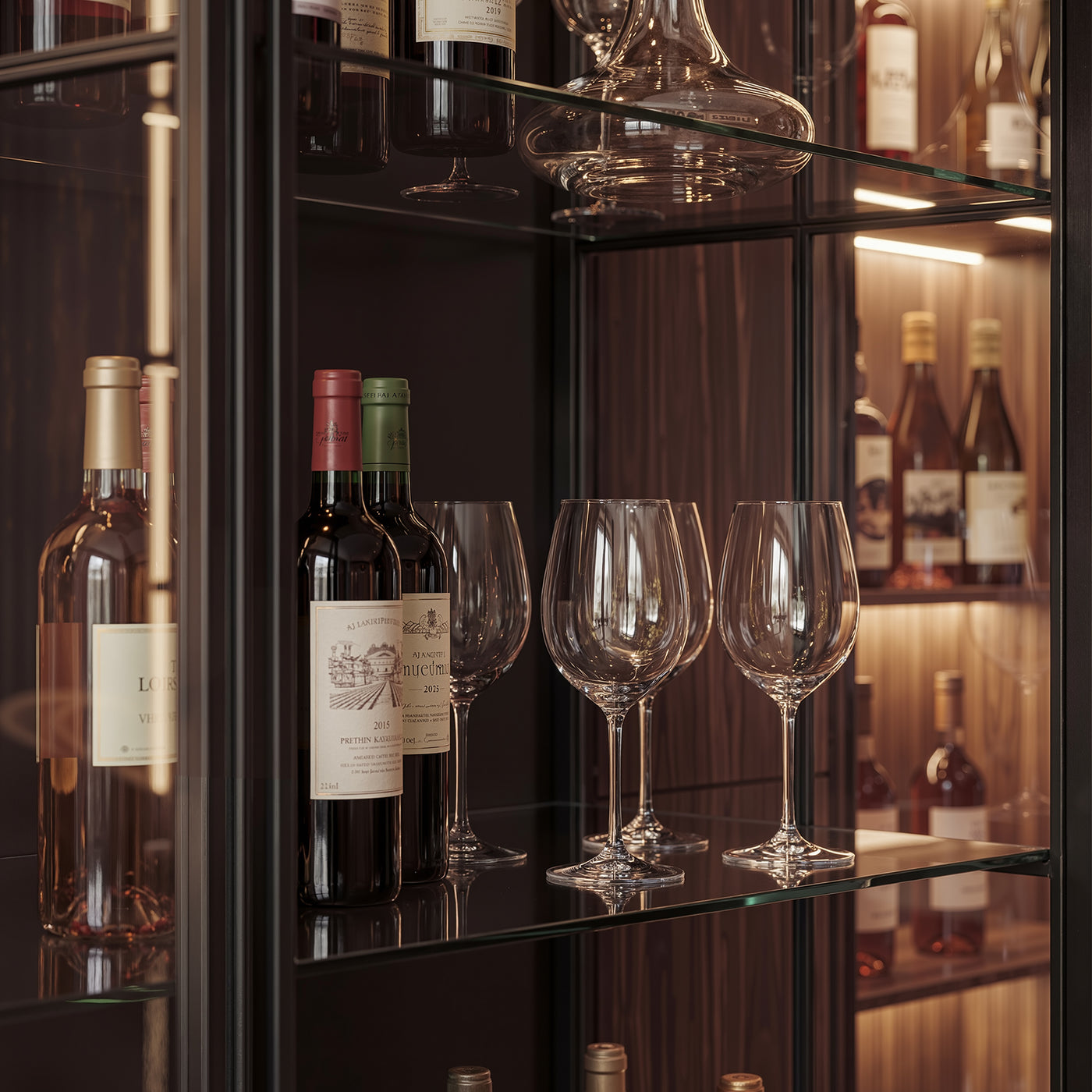 Black display cabinet with glass doors and LED lighting