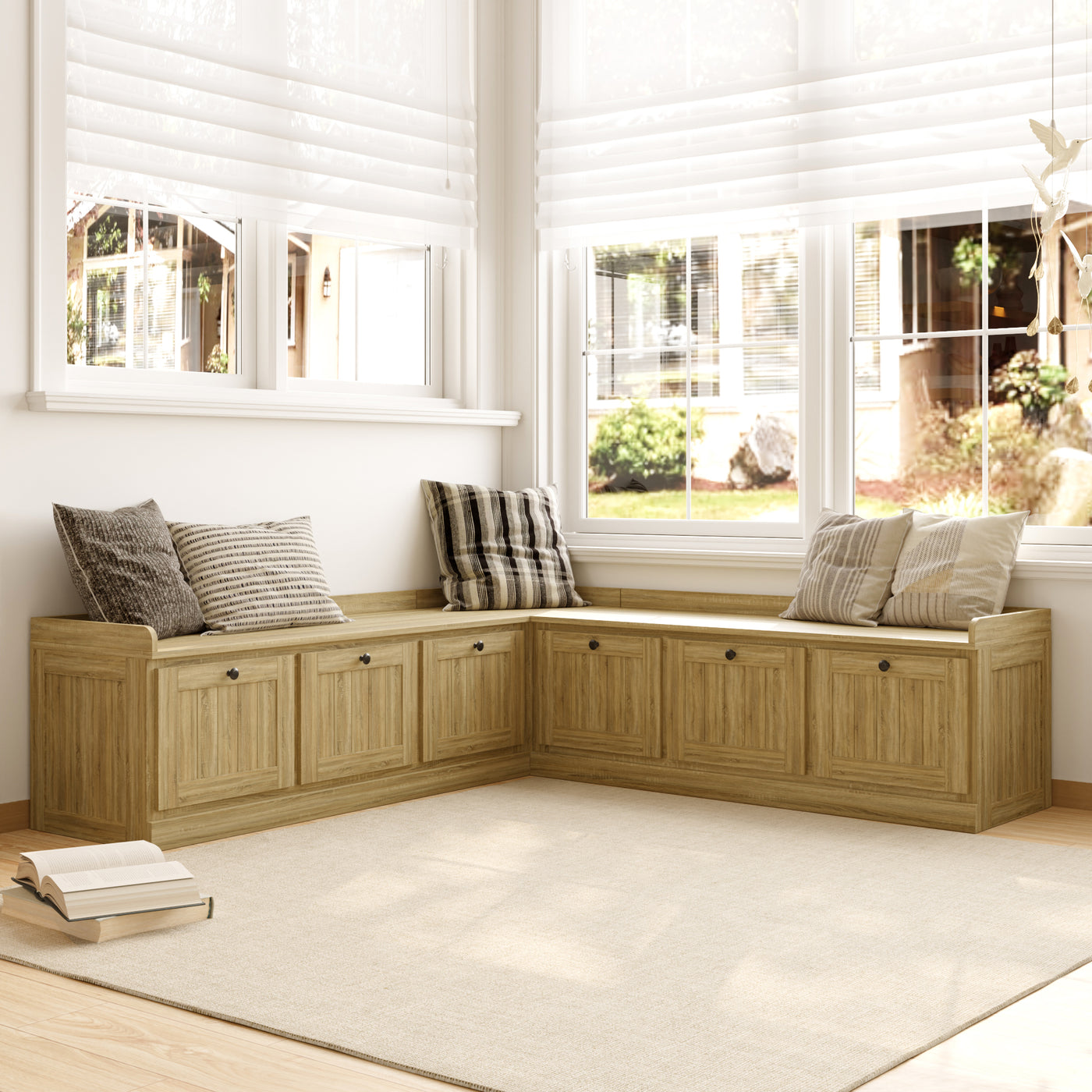 63" Modern Oak Corner Shoe Storage Bench with Flip-top Lid