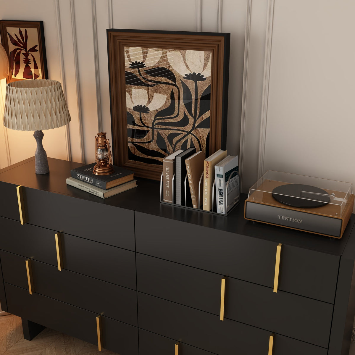 70.9" Modern Black Dresser With 8 Drawers And Gold Accents