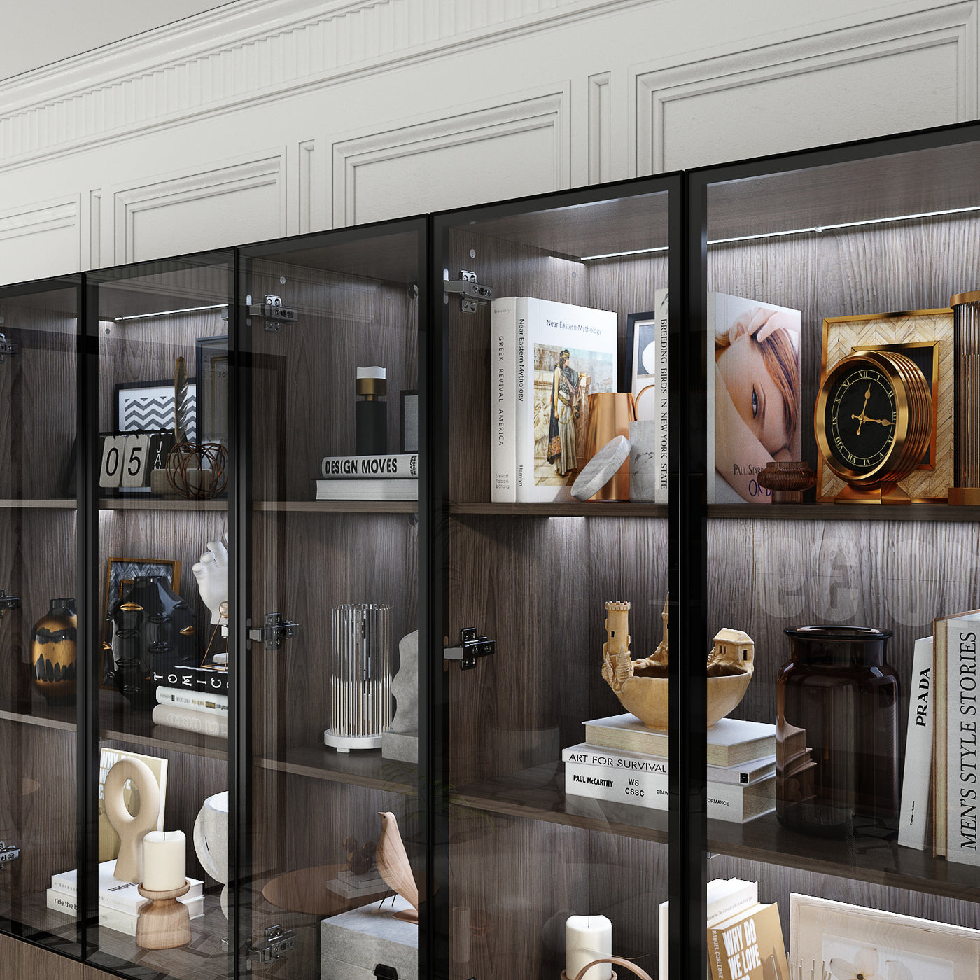 Geyma 110.2" Modern Glass Doors Display Case with LED Lights and Drawers