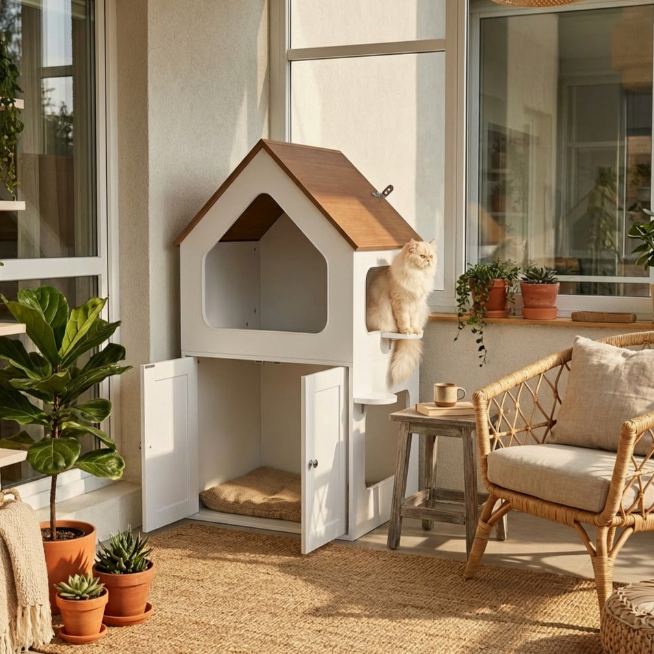 Rooftop Shaped Cat Condo with Litter Enclosure