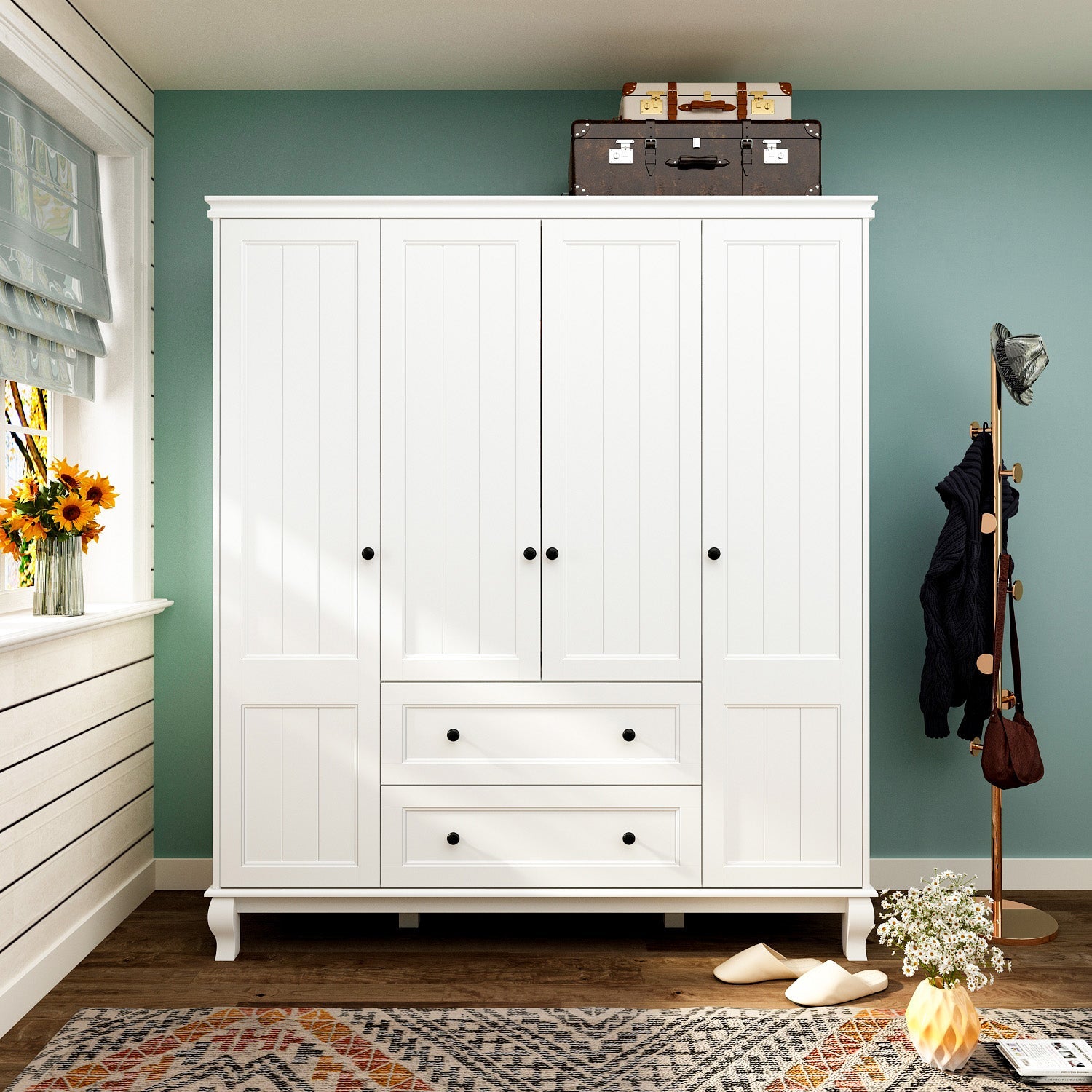 Wardrobe Armoire Garment Rack Closet with Storage Shelves and Drawers in White Finish for Bedroom