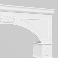 White decorative archway with intricate carvings on a gray background