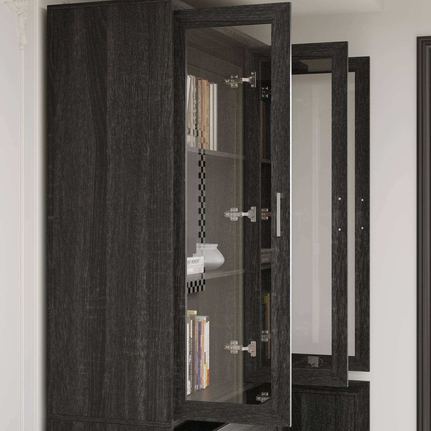 46" Modern Black Display Bookcase with Glass Doors & Drawer