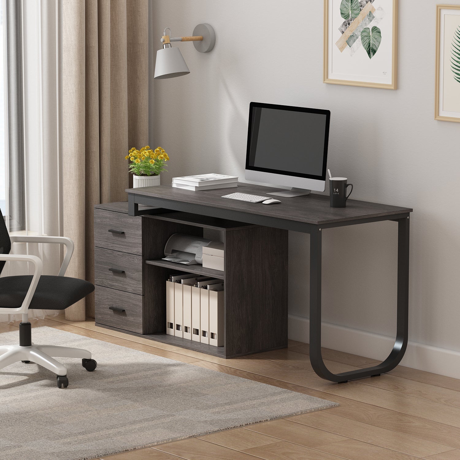 Home Office Computer Desk Corner Desk with 3 Drawers and 2 Shelves, 55 Inch Large L-Shaped Study Writing Table with Storage Cabinet
