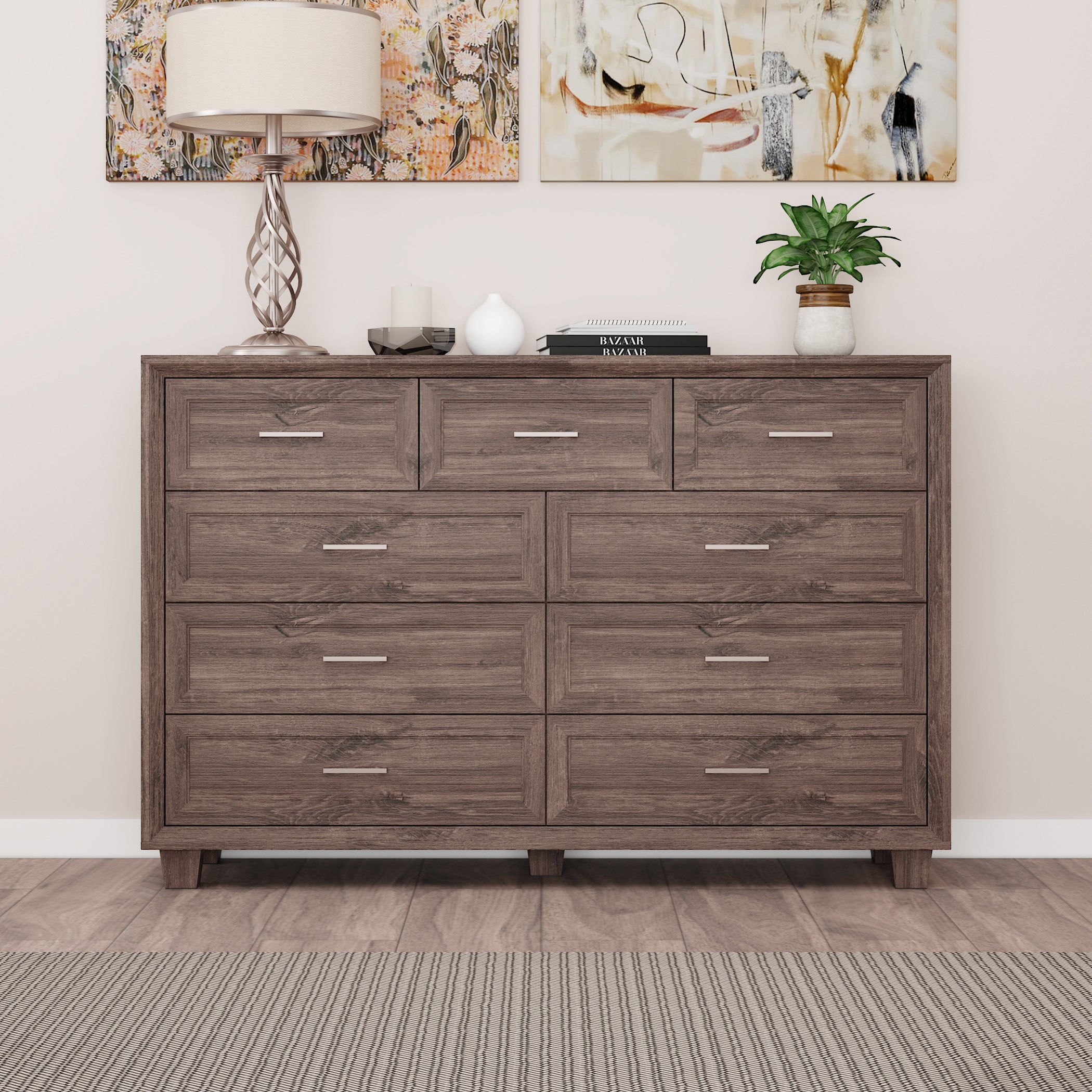 60" Wide 9-Drawer Accent Chest With Metal Handles