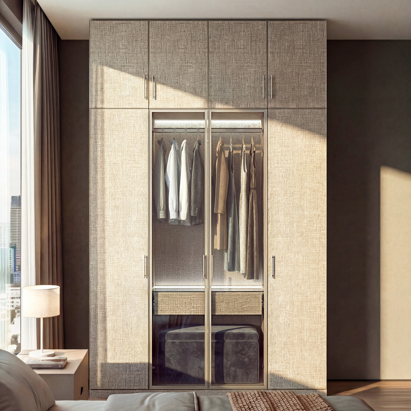 Beige wardrobe cabinet with glass doors, hanging rods, and top cabinets