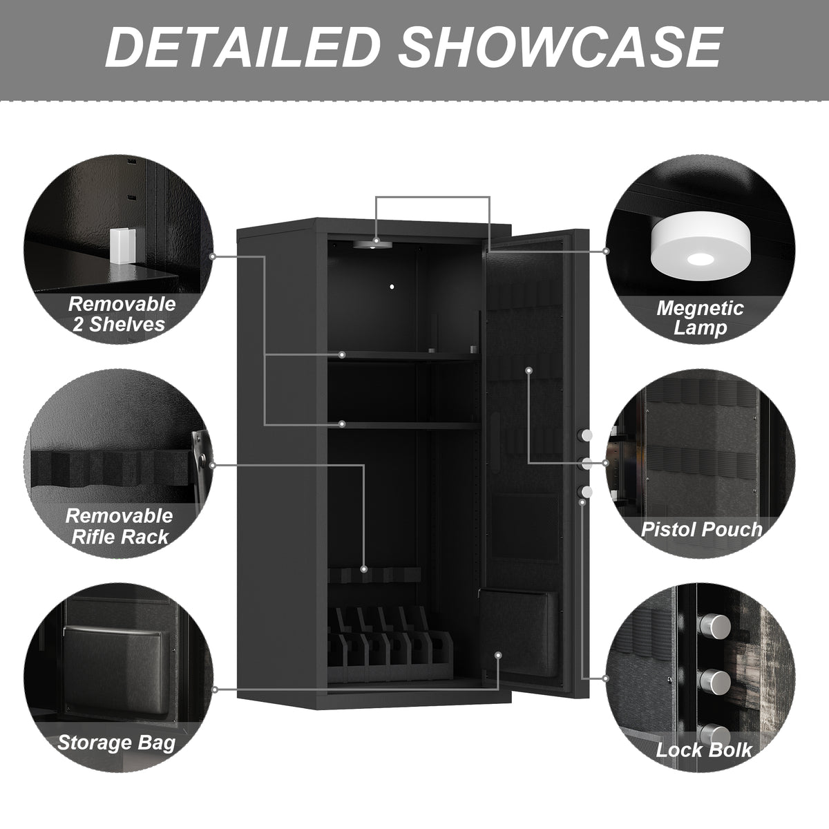 62" Modern Black Gun Safe Storage Cabinet with Sensor Light and Pistol Rack