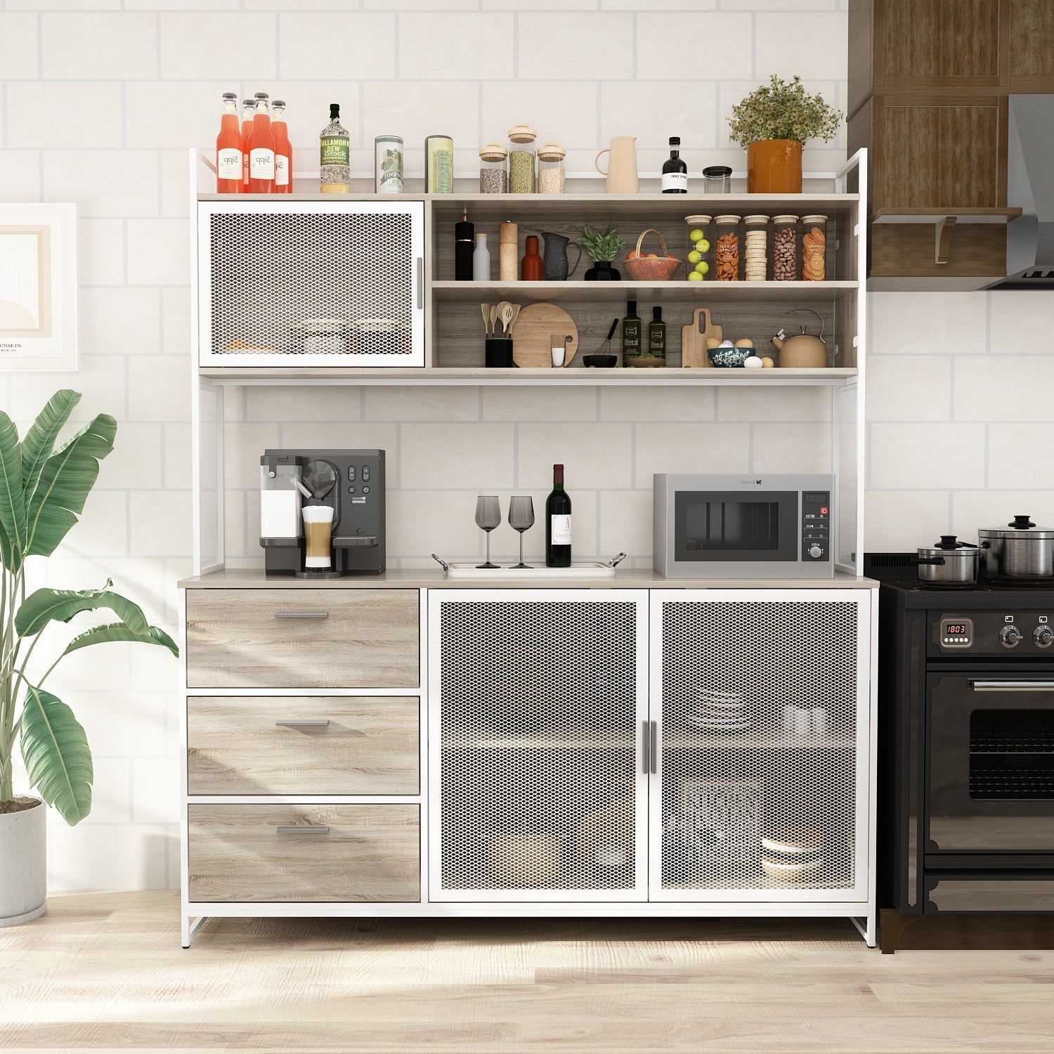 Large Kitchen Sideboard Display Cupboard with Drawers and Mesh Doors Wood Grain