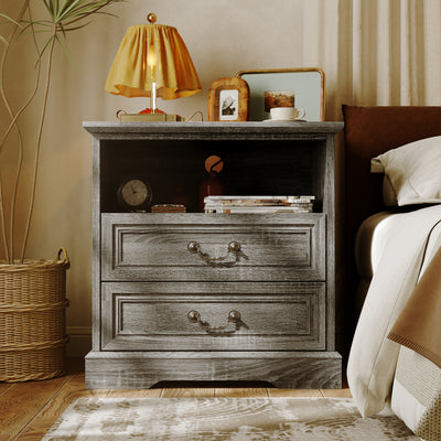 17.7" Elegant Gray/Beige Nightstand with Built-in Charging Station & 2 Storage Drawers