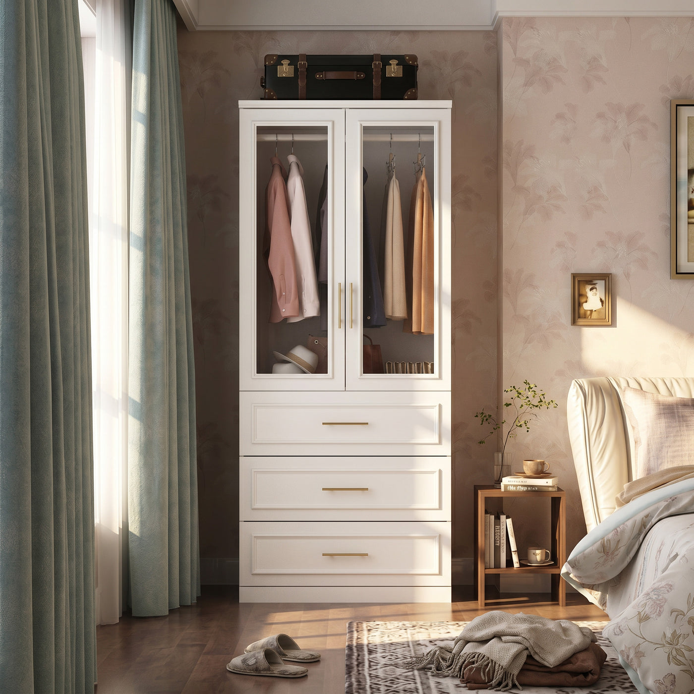 Rena 31.7" Modern White Glass Door Armoire with Hanging Rod and 3 Drawers