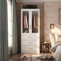 Rena 31.7" Modern White Glass Door Armoire with Hanging Rod and 3 Drawers