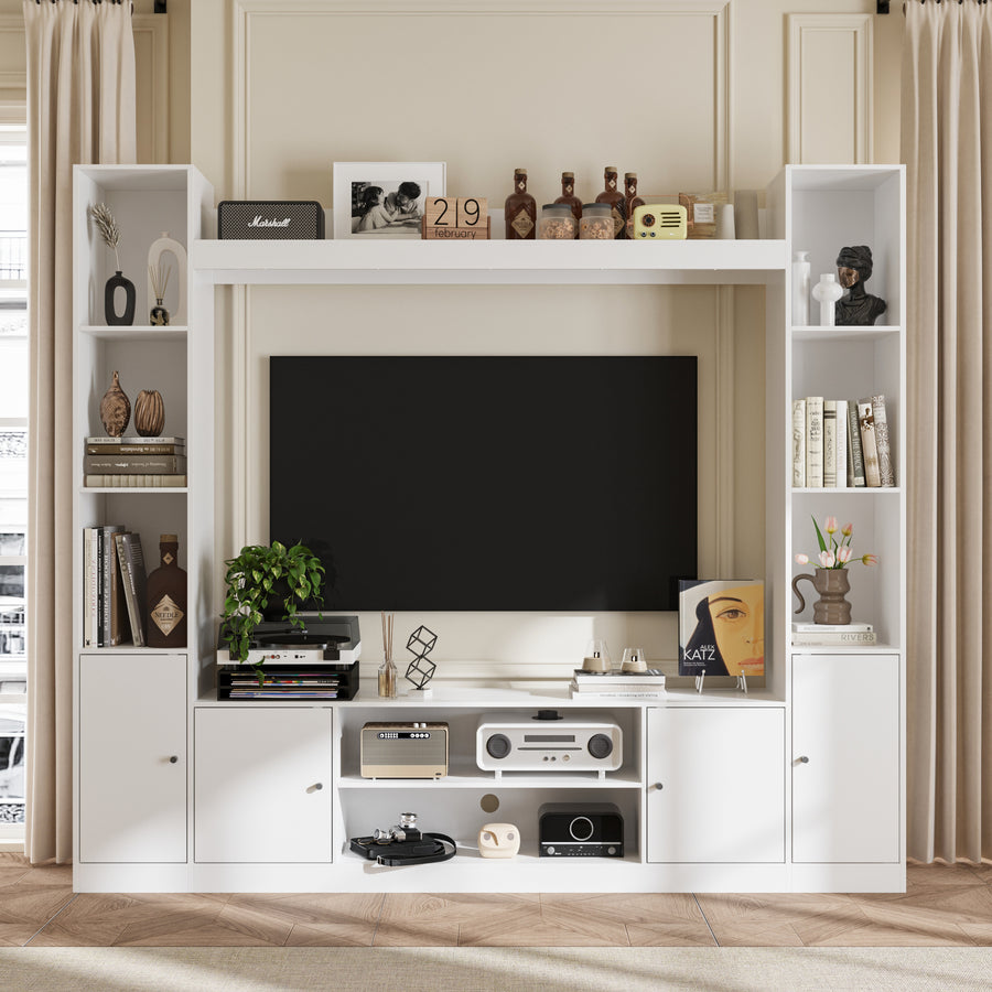 81" Modern White Entertainment Center with 4-Door Storage & Open Display Shelves