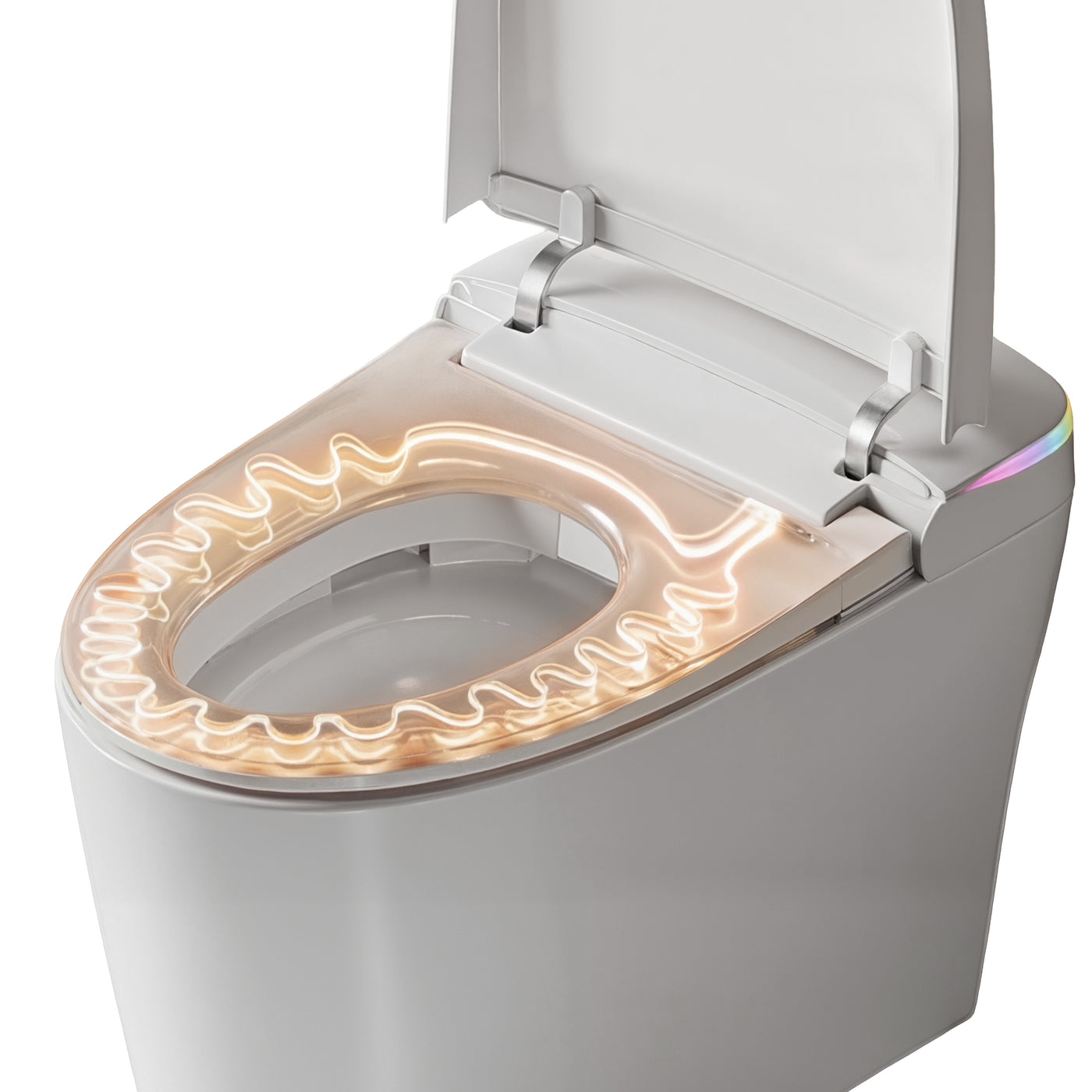 White smart toilet in a modern bathroom with side control knob and ambient light
