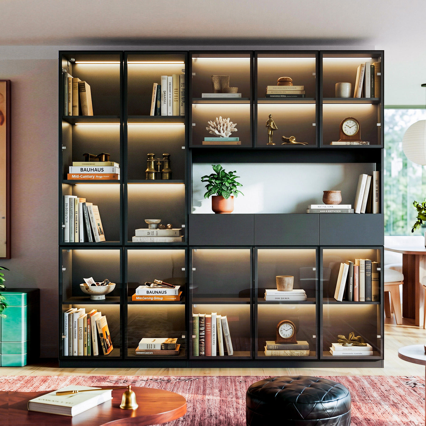Varda 78.7" Large Bookcase with Glass Doors and 3-Color Changing LED Lights
