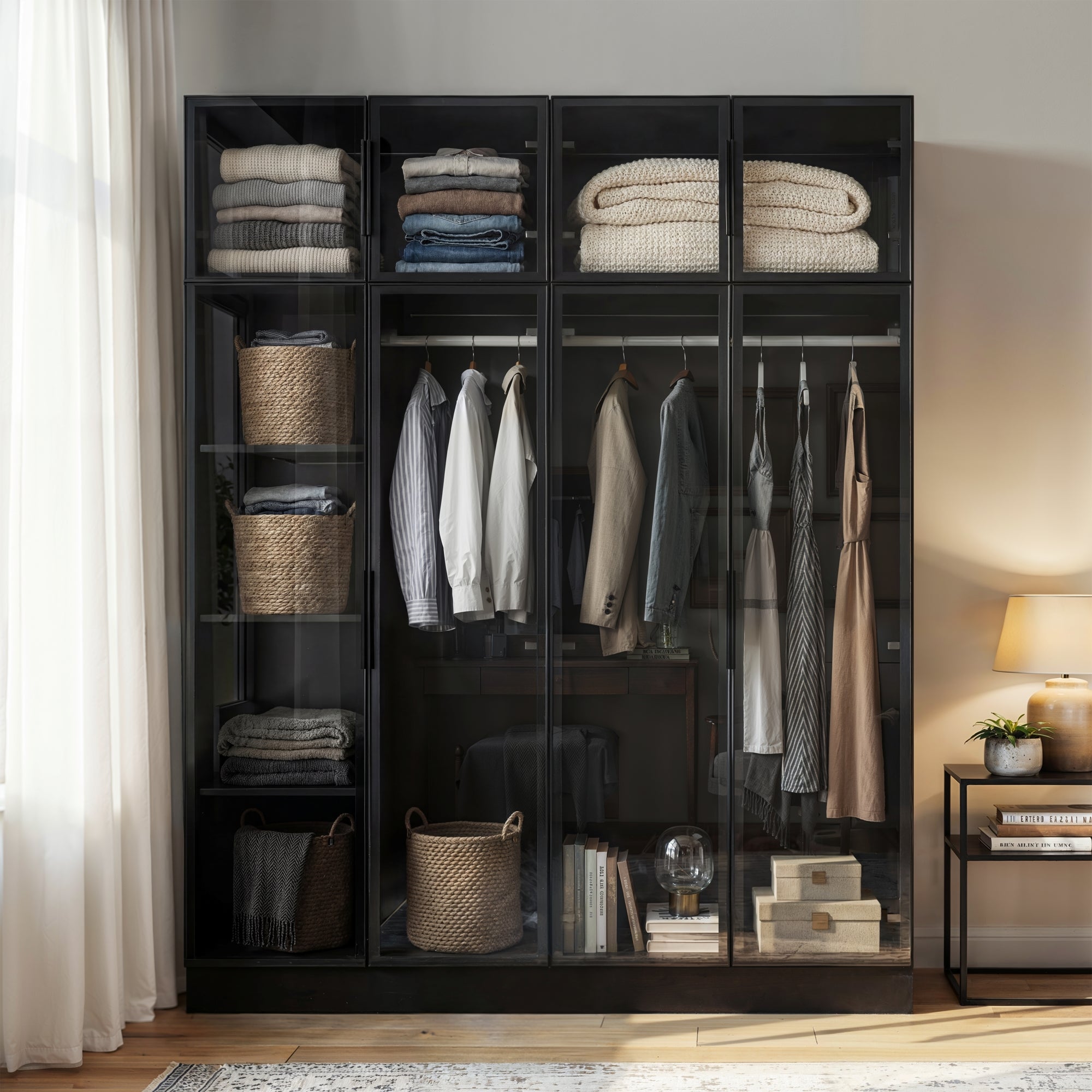 Modern wardrobe with clothes and shelves in a well-lit room