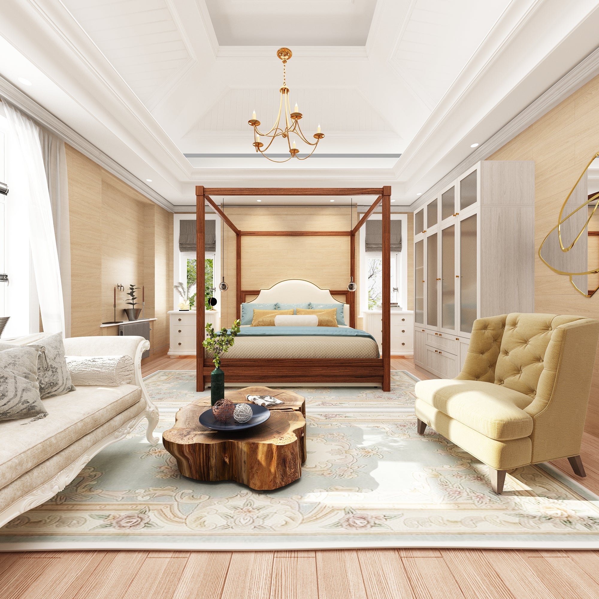 Modern Scandinavian Wardrobe With Frosted Glass Doors And Brass Accents – Spacious Storage Solution With Adjustable Shelves And Drawers