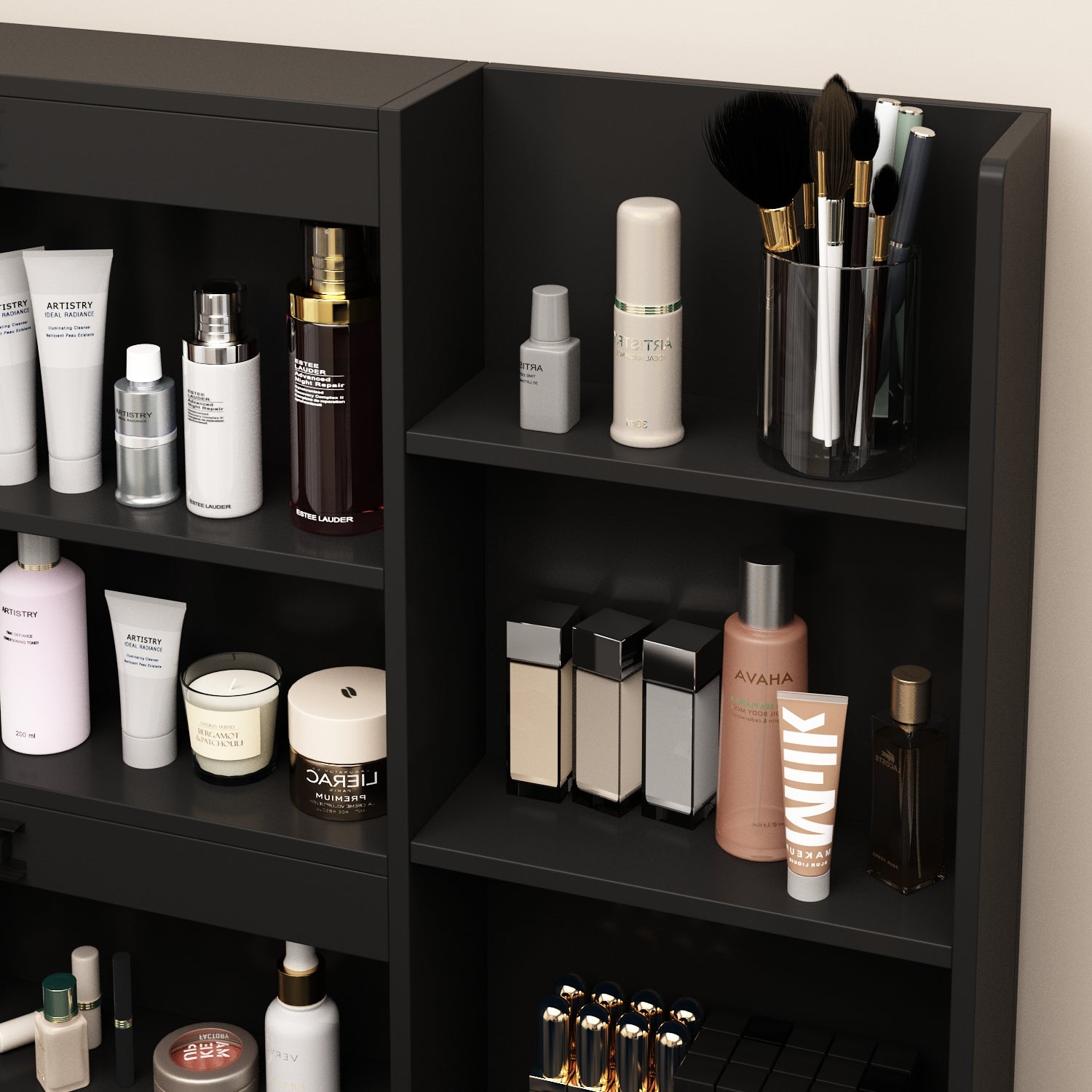 Makeup Vanity Set with Sliding Lighted Mirror, Cushioned Stool, 5 Drawers & Shelves