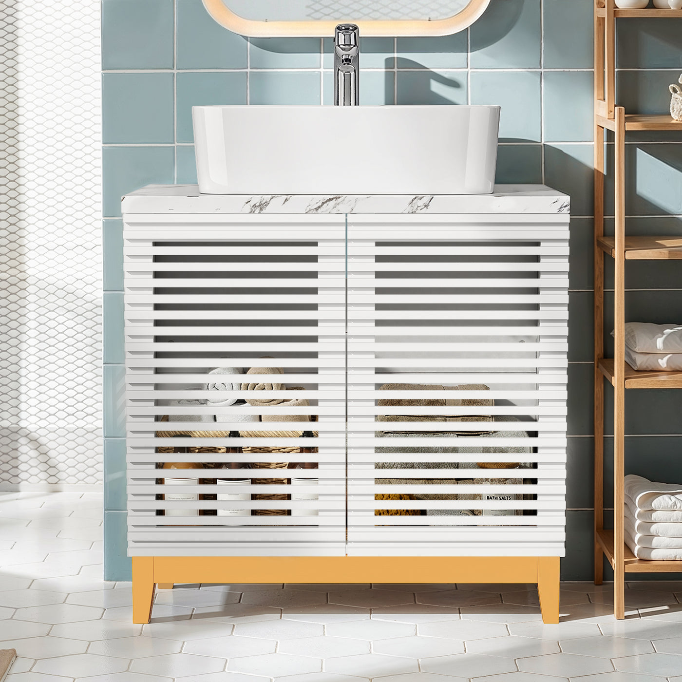 31.3" White Engineered Wood Bathroom Vanity with Louvered Doors, Solid Wood Legs & Cultured Stone Vessel Sink