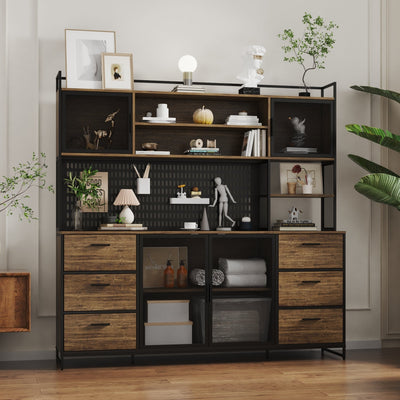 70.9" Industrial Brown Pantry Cabinets With Adjustable Shelves, Drawers