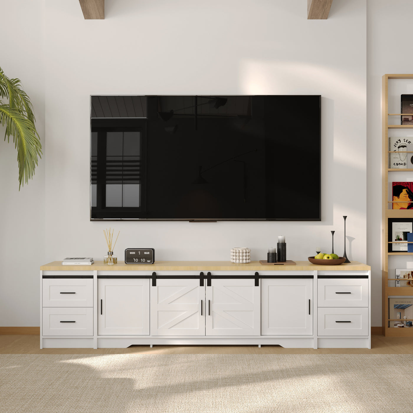 94.5" Modern White Extra Long Barn Door TV Stand with 4 Drawers, Sliding Doors and Adjustable Shelves