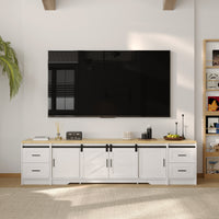 94.5" Modern White Extra Long Barn Door TV Stand with 4 Drawers, Sliding Doors and Adjustable Shelves