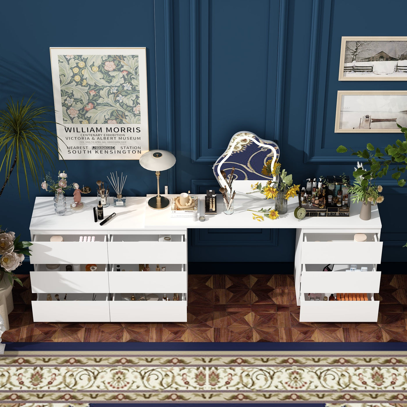 102.4" Modern White Convertible Vanity Table Makeup Vanity With 9 Drawers