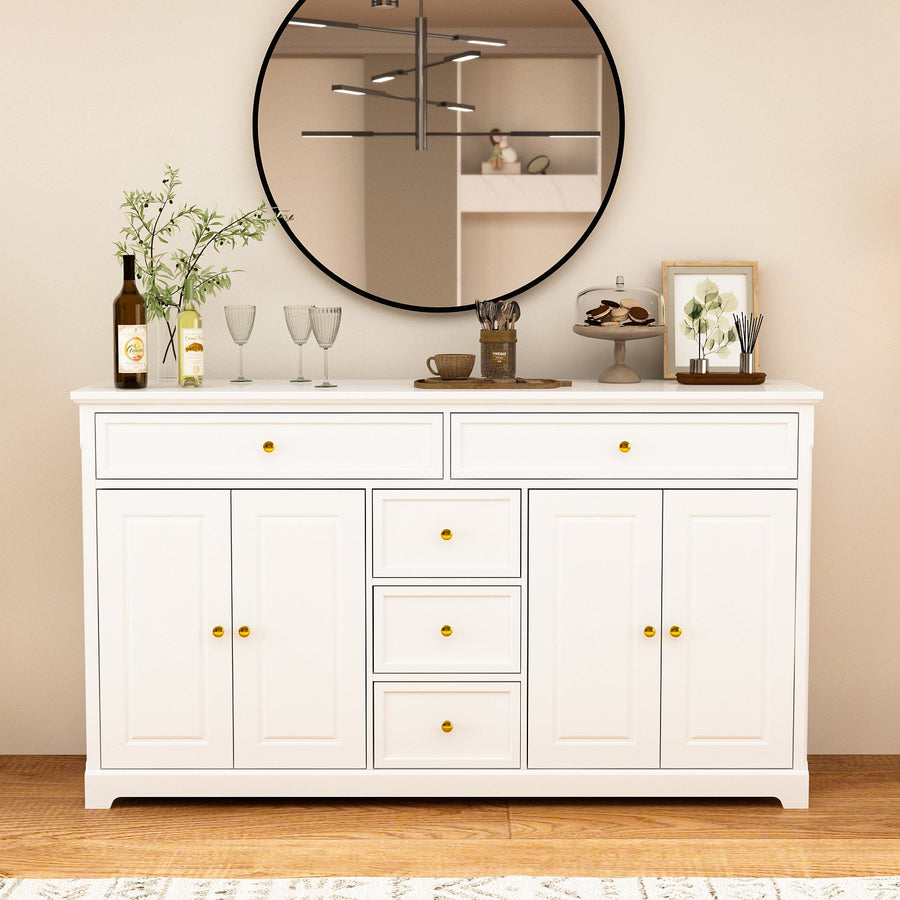 59.1" Modern Minimalist White/Black Contemporary Buffet Storage Sideboard Cabinet with 5 Drawers and 4 Doors