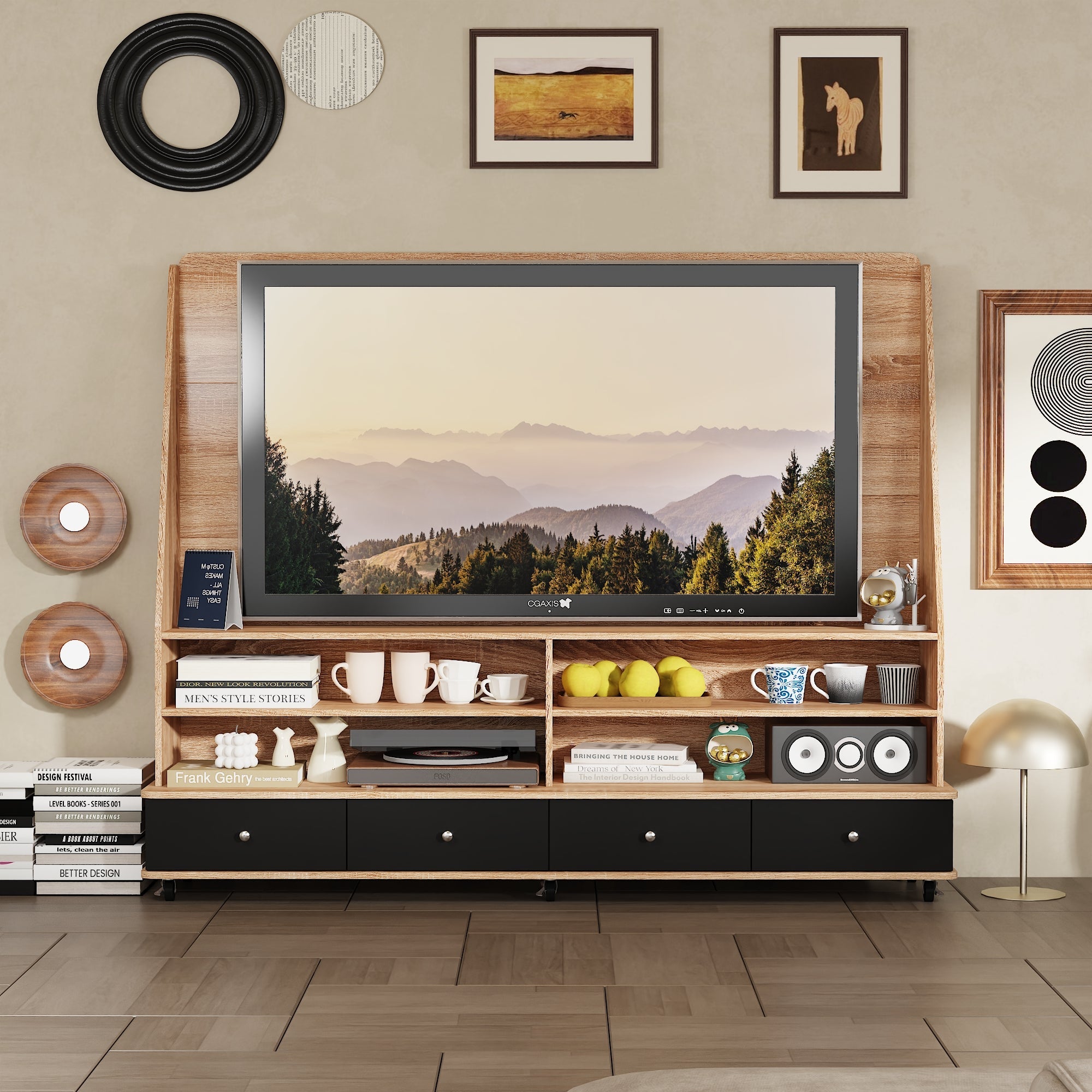 70'' W 4-Drawer TV Stand Media Console With TV Bracket And 6-Wheel