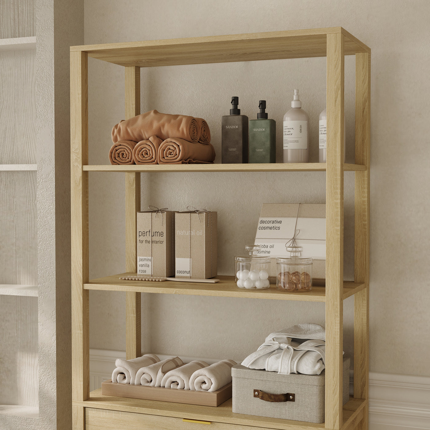 30.1" Oak Laundry Hamper Cabinet with 2 Tilt-Out Baskets and Open Shelves