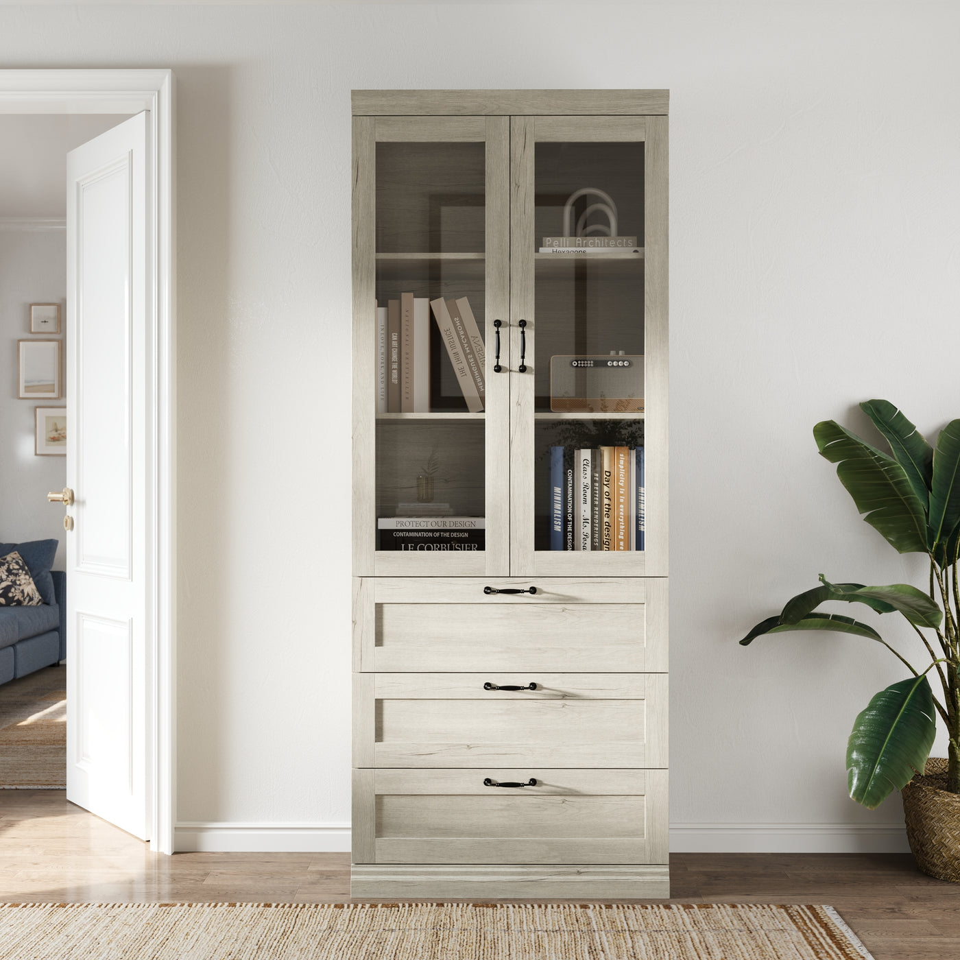 31.5" Farmhouse White Display Bookcase with Glass Doors & 2 Drawers