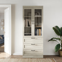 31.5" Farmhouse White Display Bookcase with Glass Doors & 2 Drawers