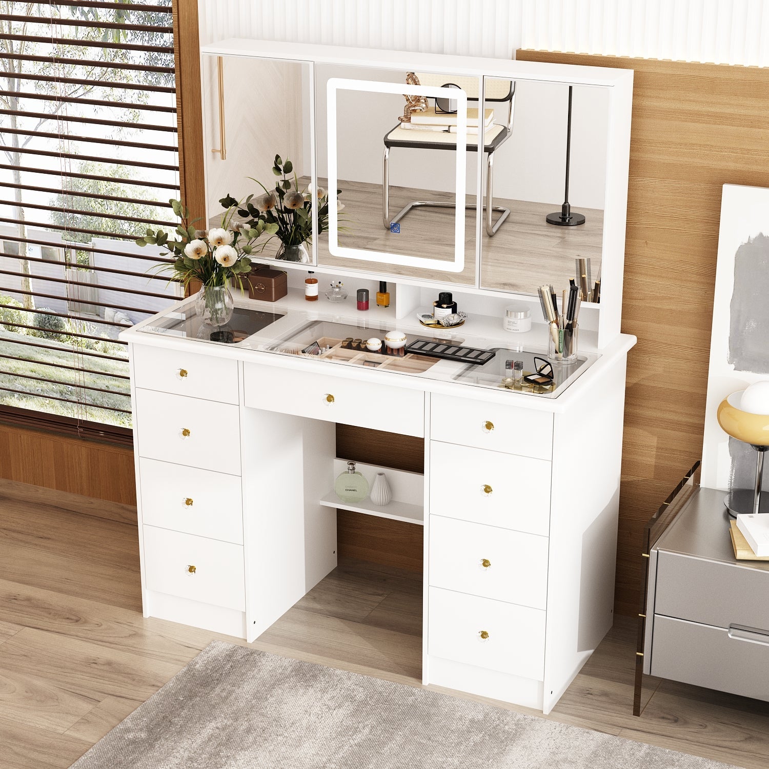 Home Makeup Dressing Table With A Transparent Tempered Glass Countertop
