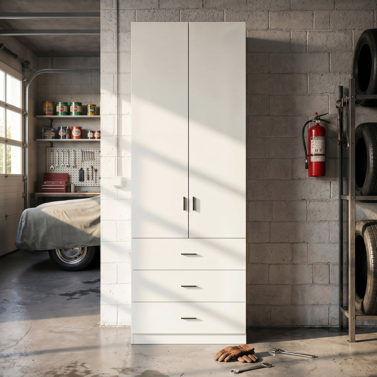 31.5" White Engineered Wood Tall Garage Storage Cabinet with 2 Upper Doors and 3 Lower Drawers