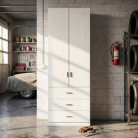 31.5" White Engineered Wood Tall Garage Storage Cabinet with 2 Upper Doors and 3 Lower Drawers