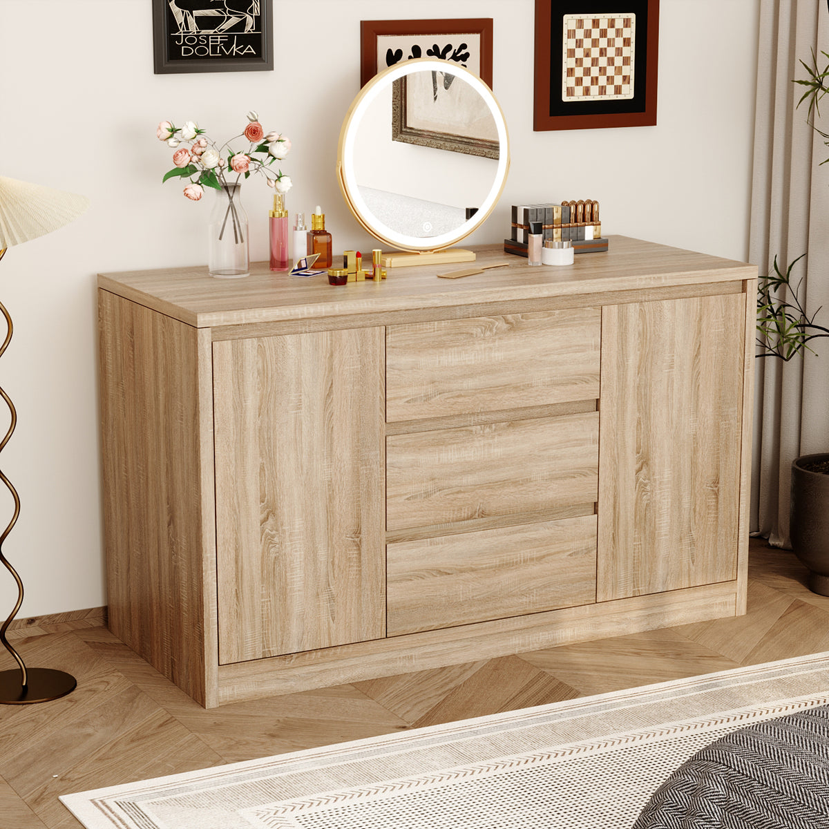 Wooden dresser with round mirror and decorative items in a room setting
