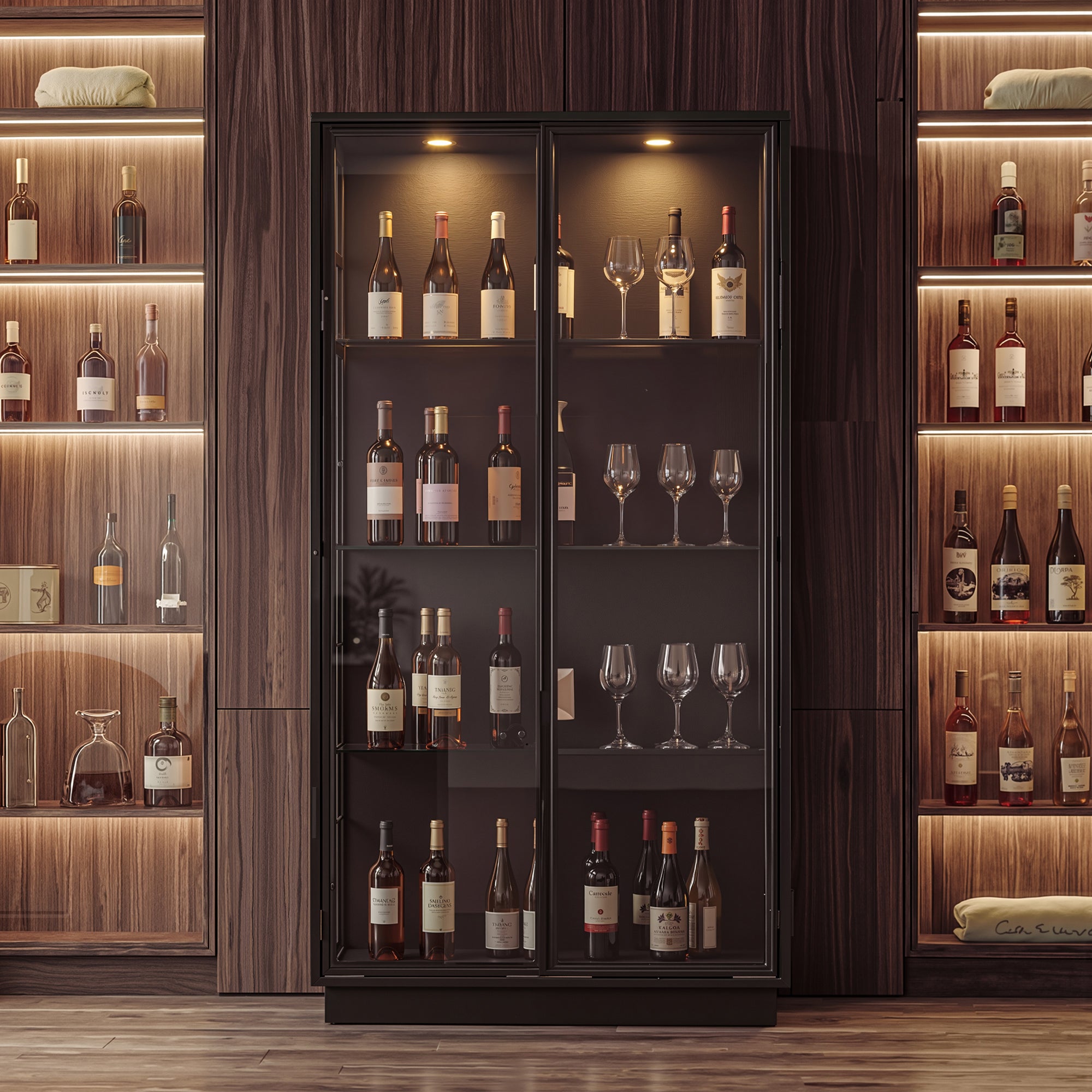 Black display cabinet with glass doors and LED lighting