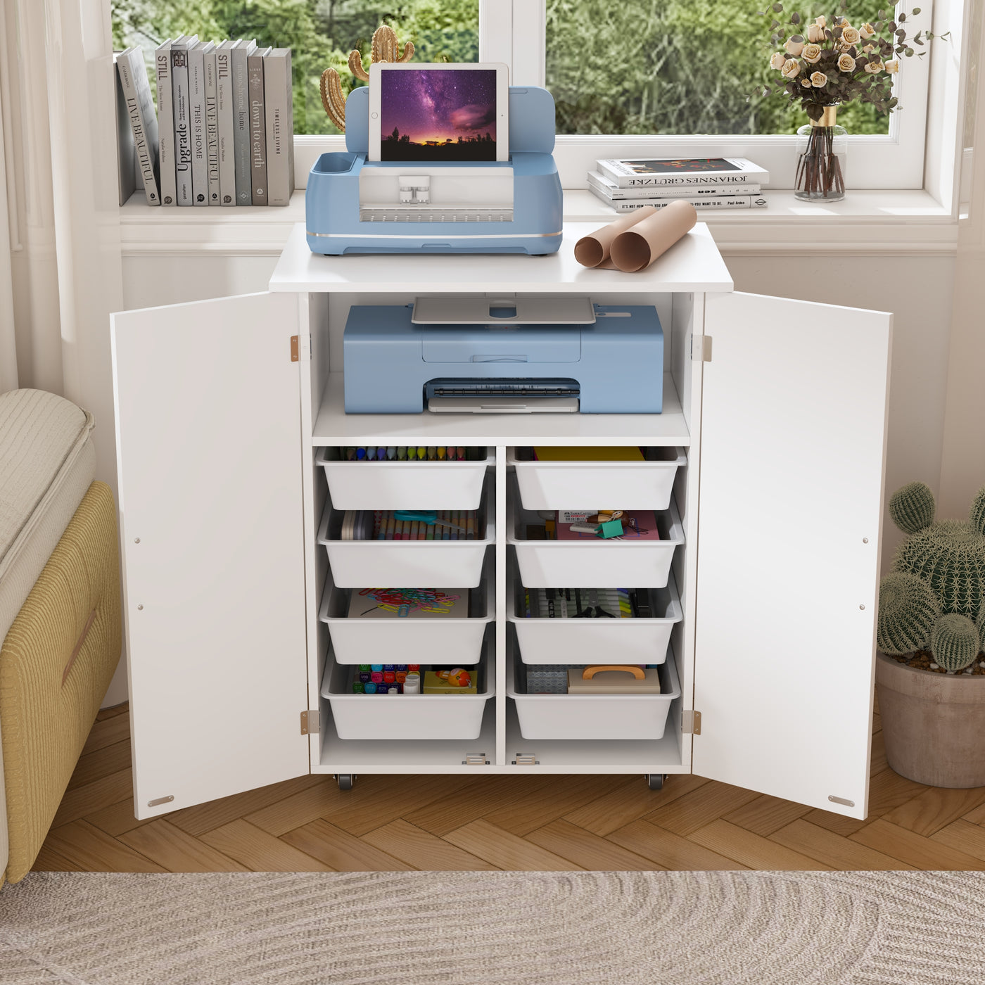 27.3" Two-Door Craft Sewing Table with 8 Baskets