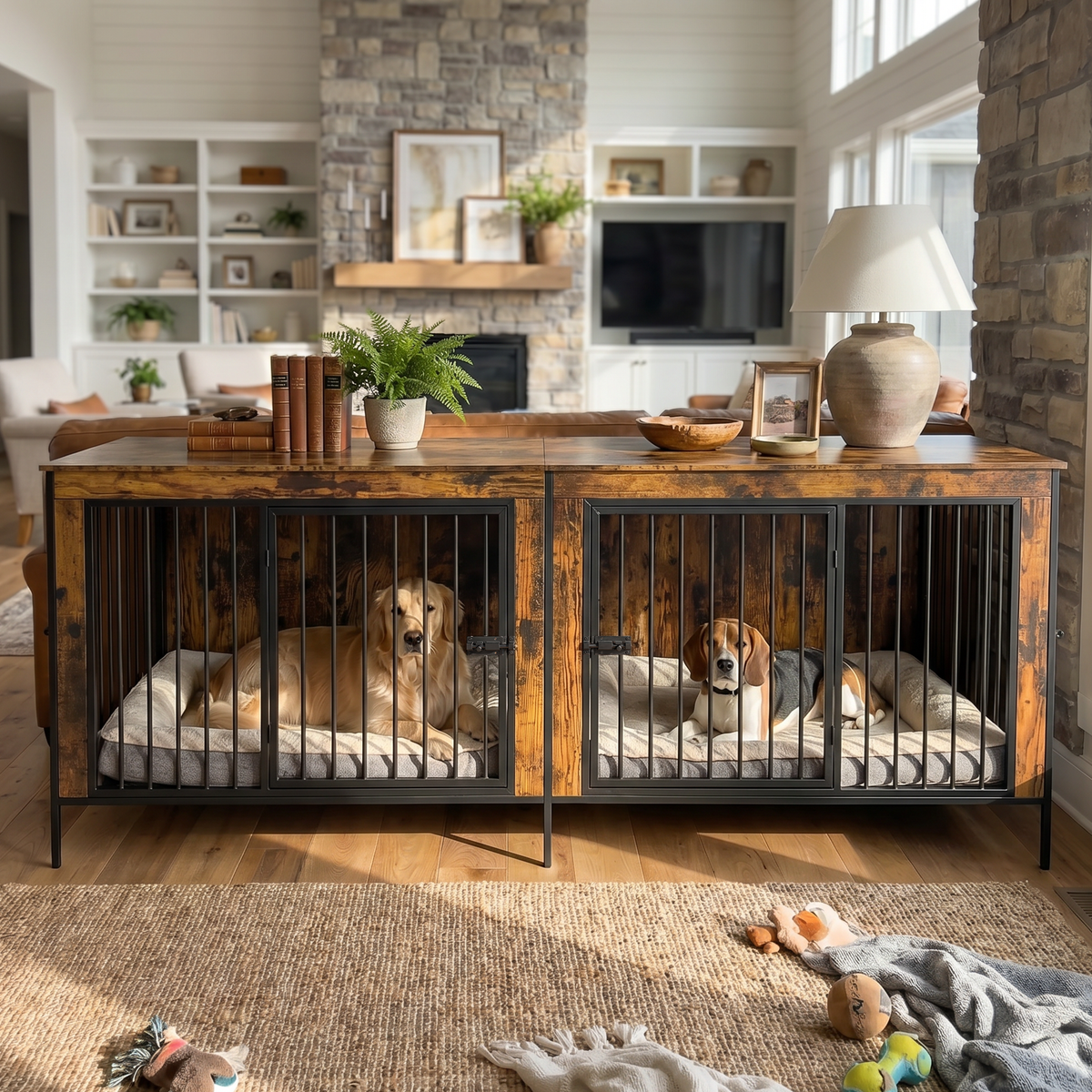 78.7" Rustic Wood Double Dog Crate End Table with Divider & Raised Legs