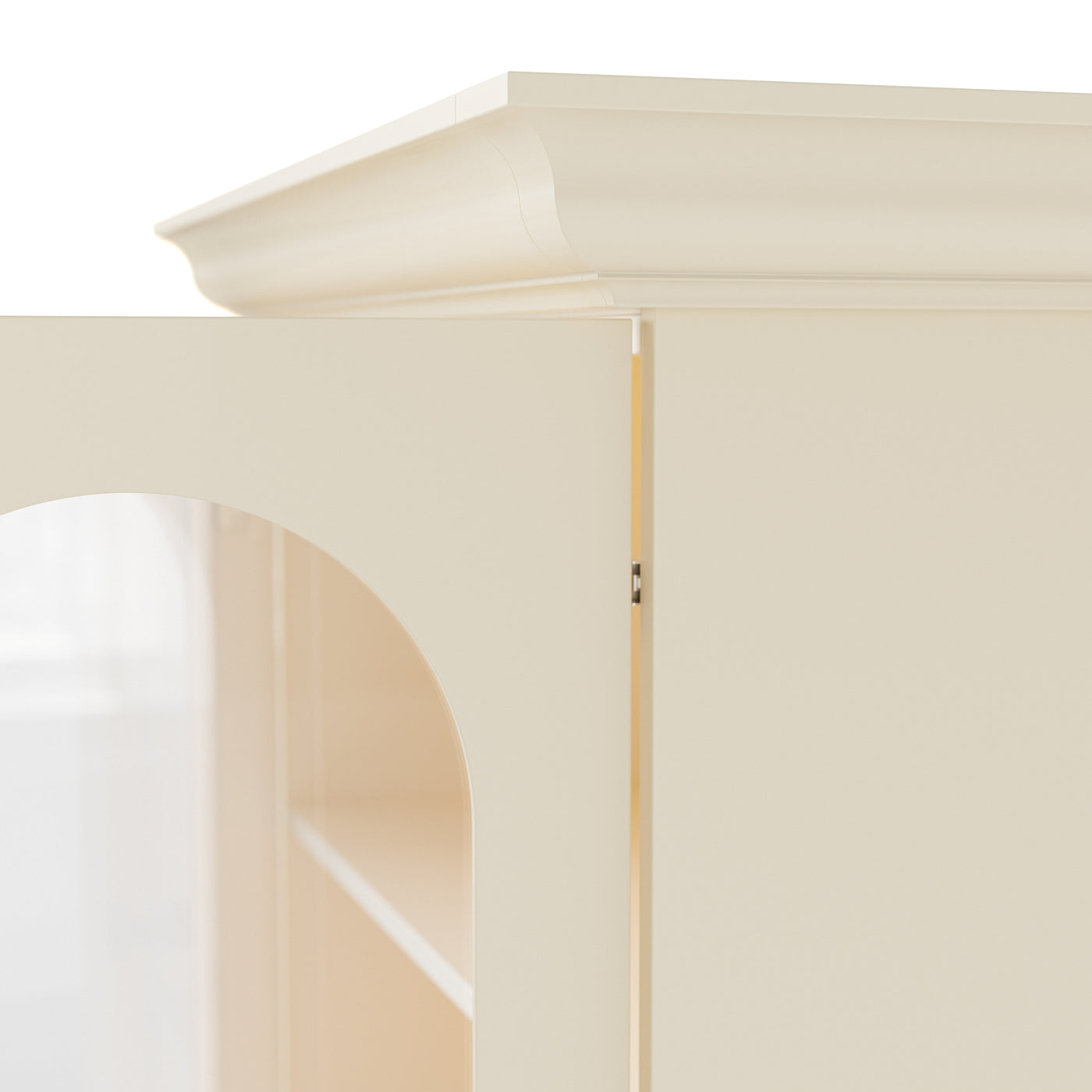 37" Modern Beige Display Cabinet with Arched Glass Doors, LED Lighting and 3 Drawers