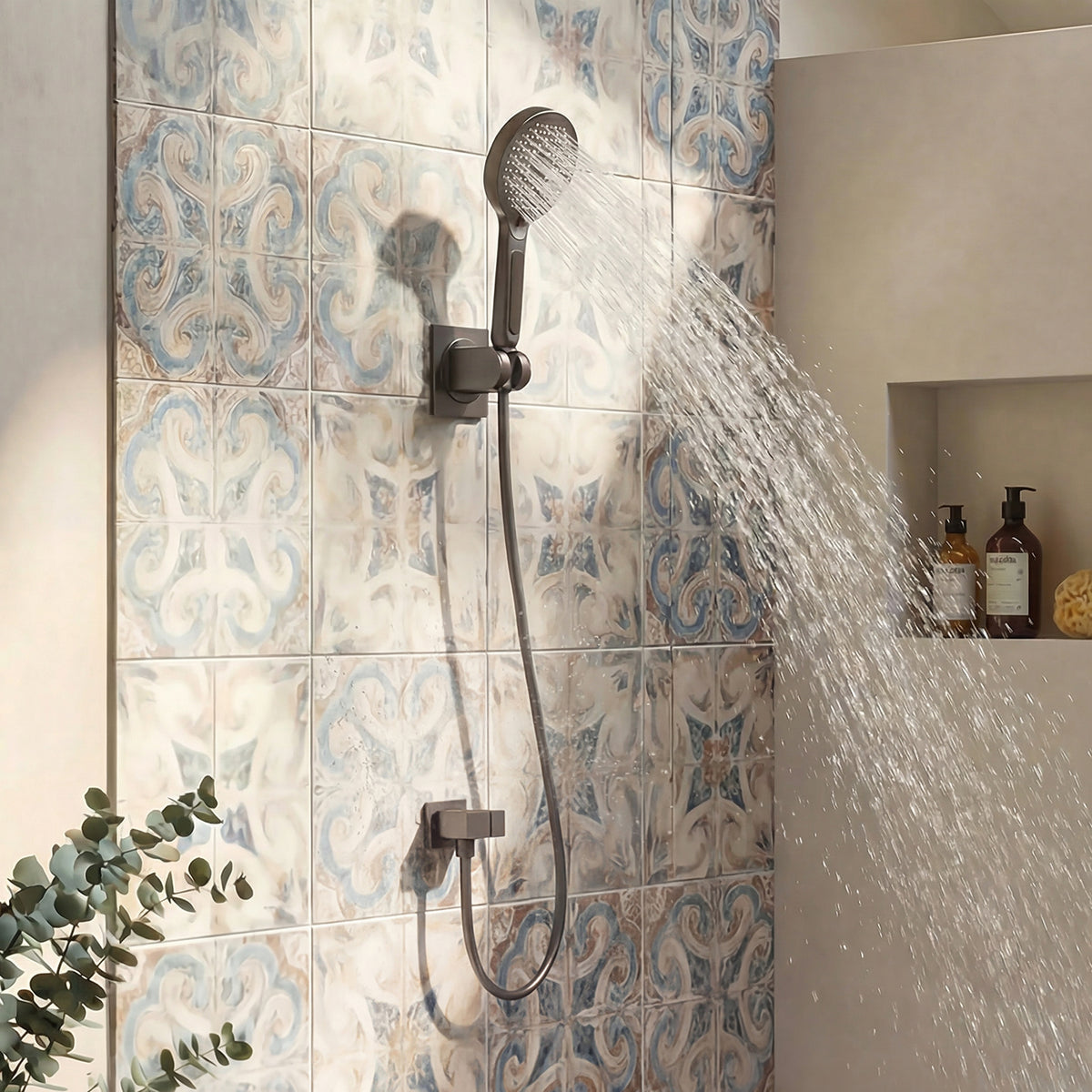 59" Modern Black Handheld Shower Head with Fahrenheit Temperature Display, Flexible Hose and Wall Bracket