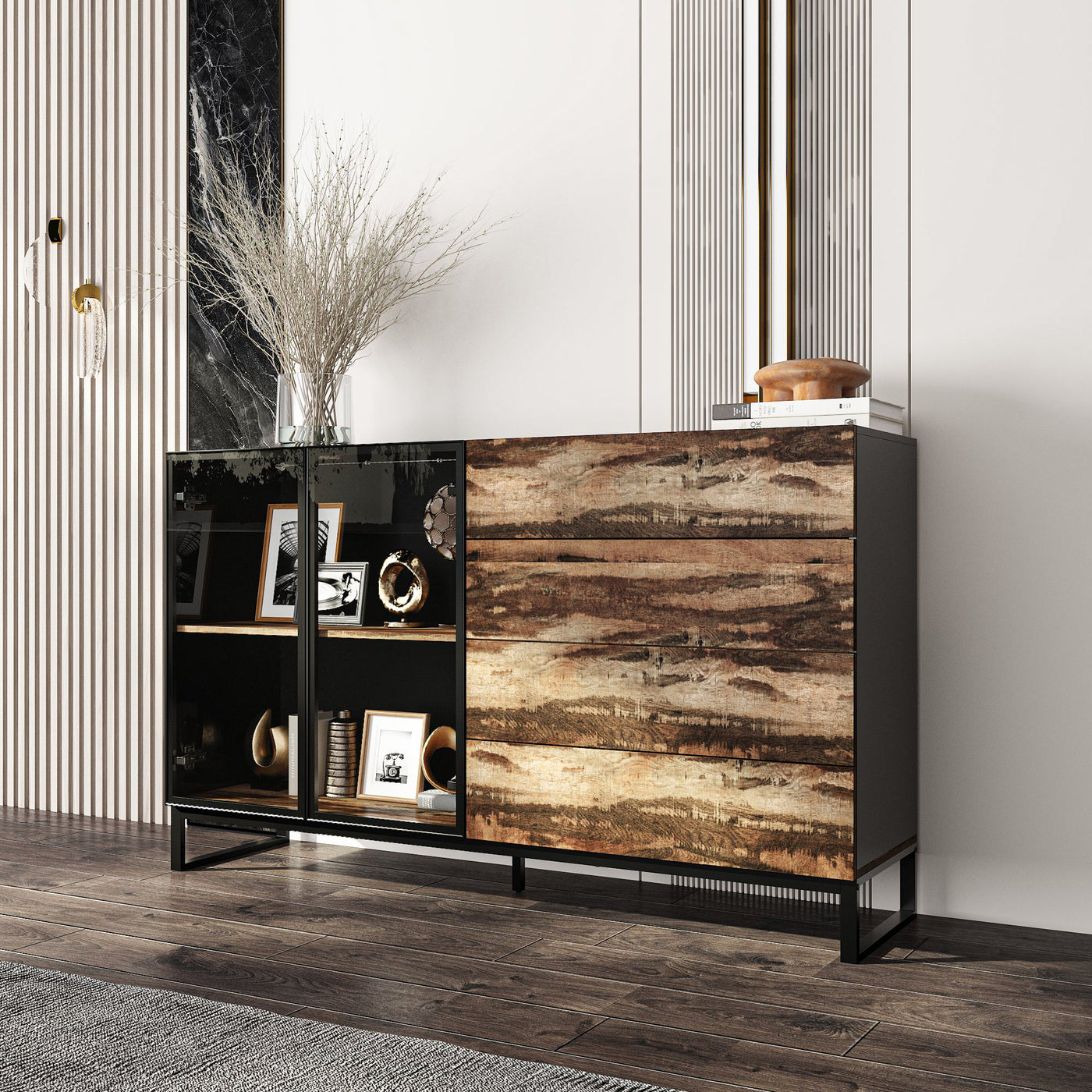 63" Modern Black & Brown Sideboard Buffet Cabinet with LED Lights & 4 Drawers