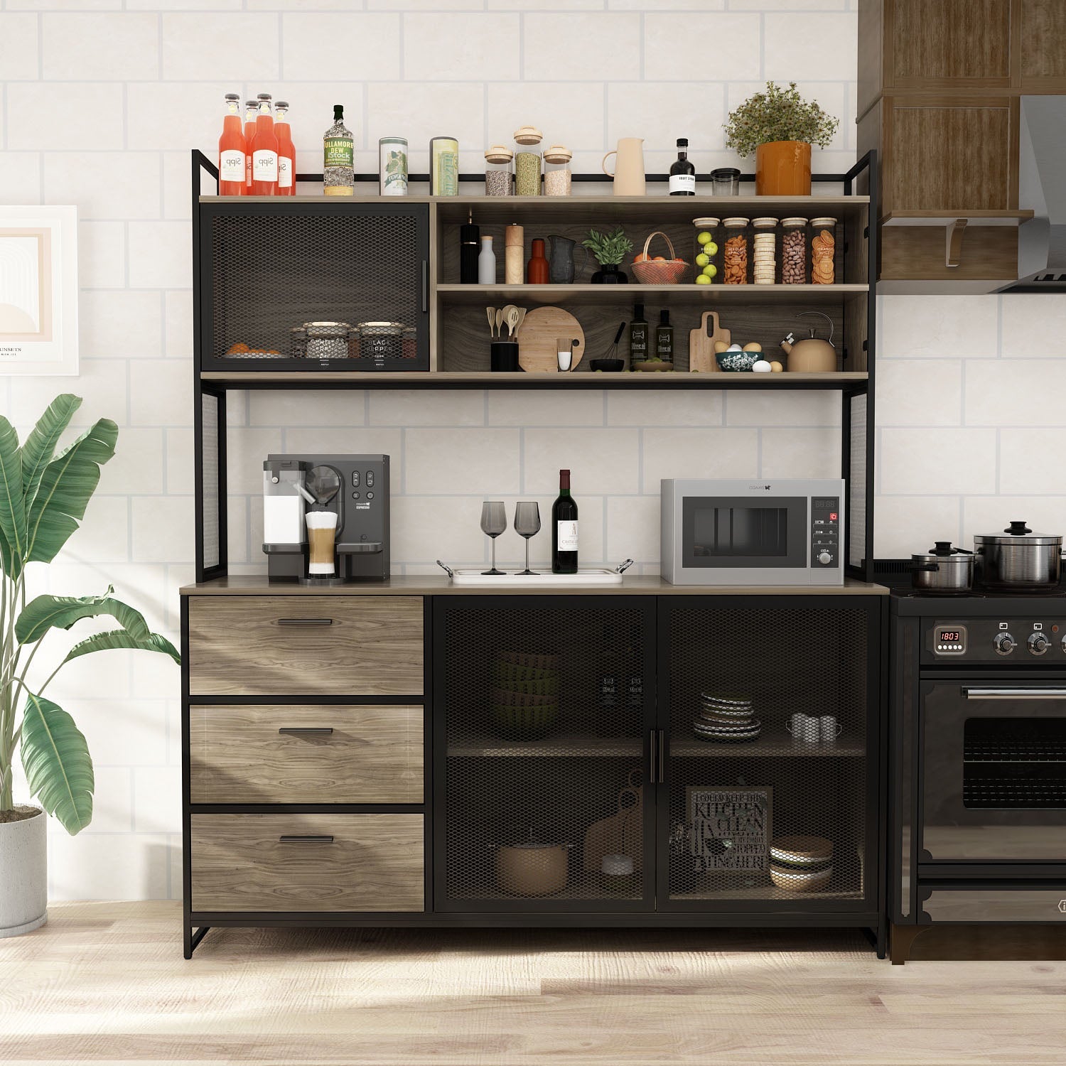 Large Kitchen Sideboard Display Cupboard with Drawers and Mesh Doors Wood Grain