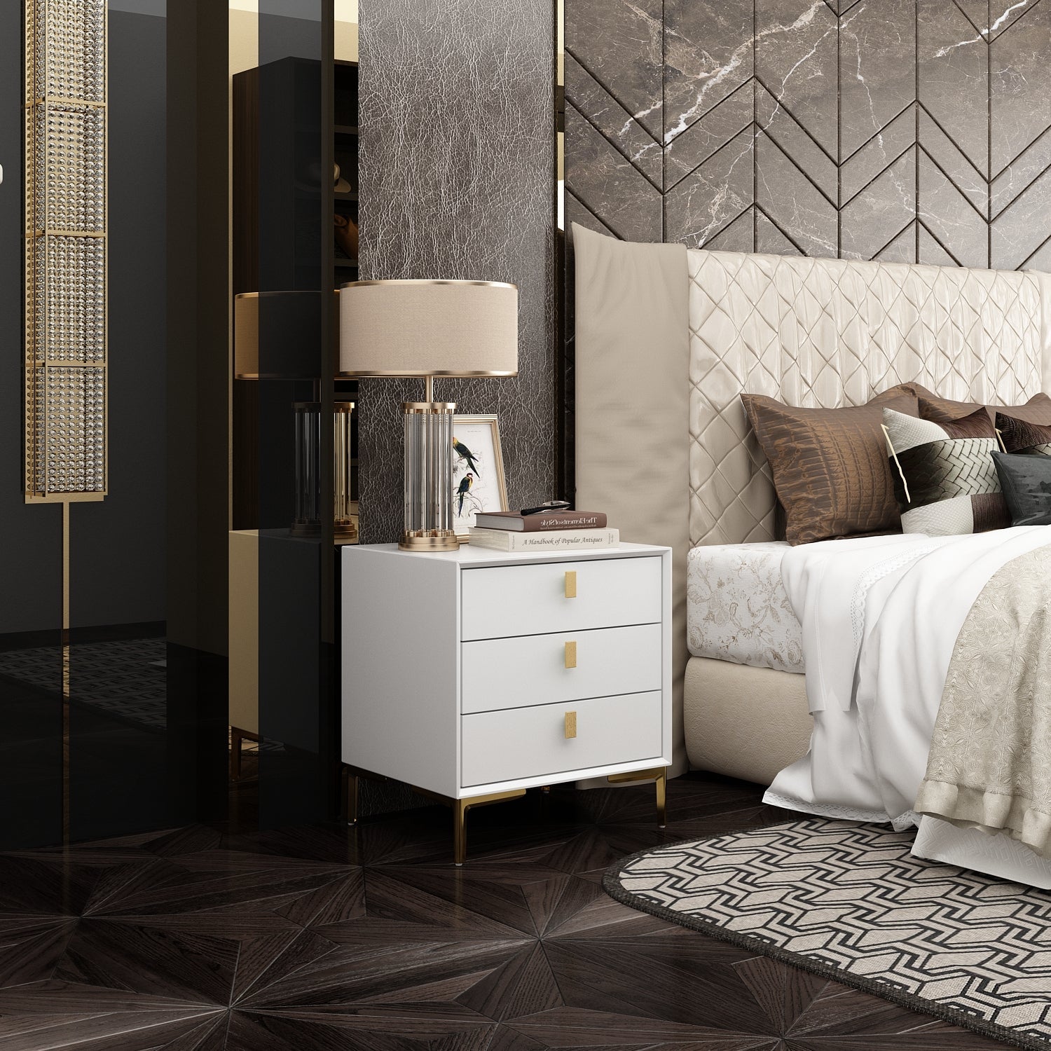 Nightstand Dresser Black End Table in Gold Metal Legs with 3 Drawers