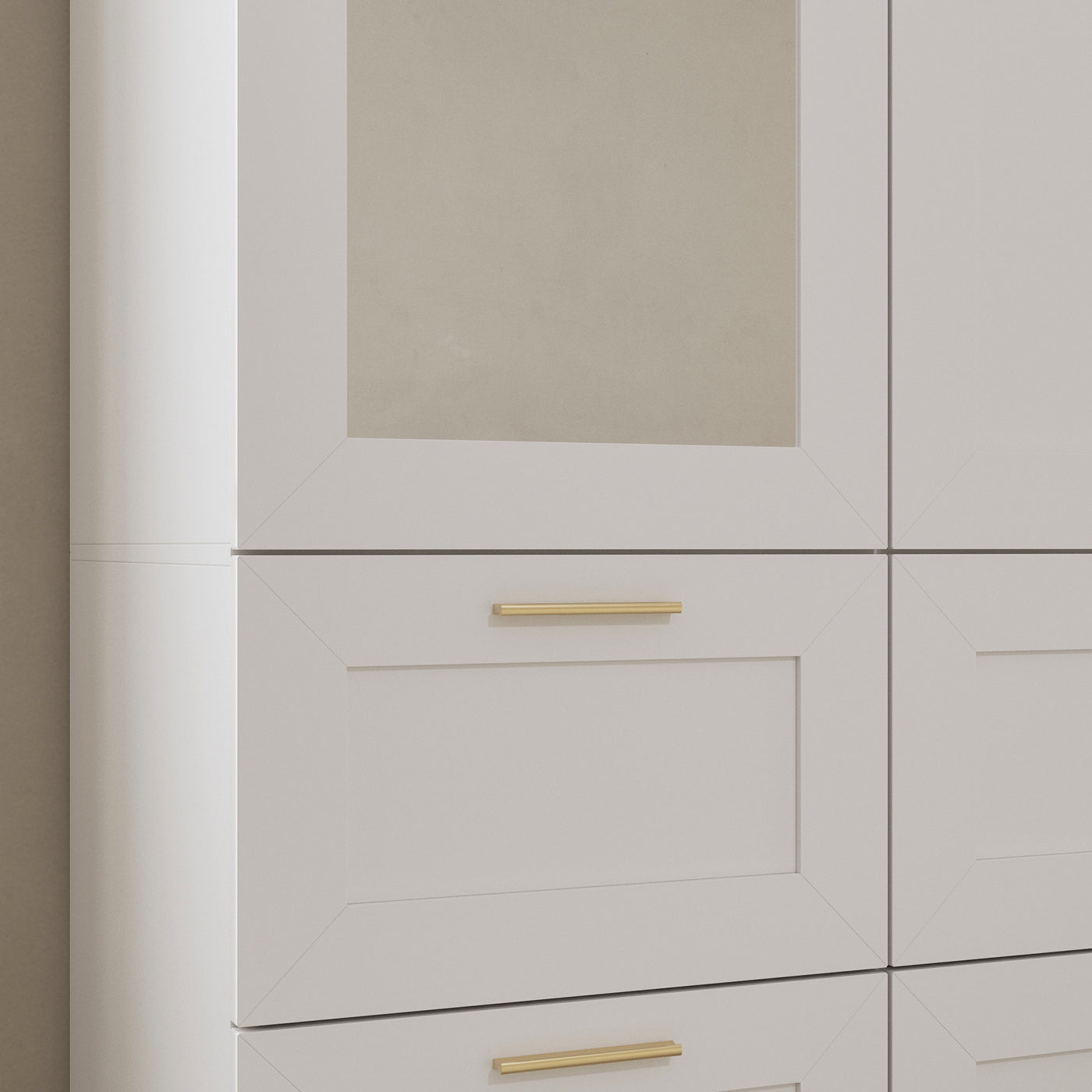 White armoire with mirror door, top cabinets, and lower drawers