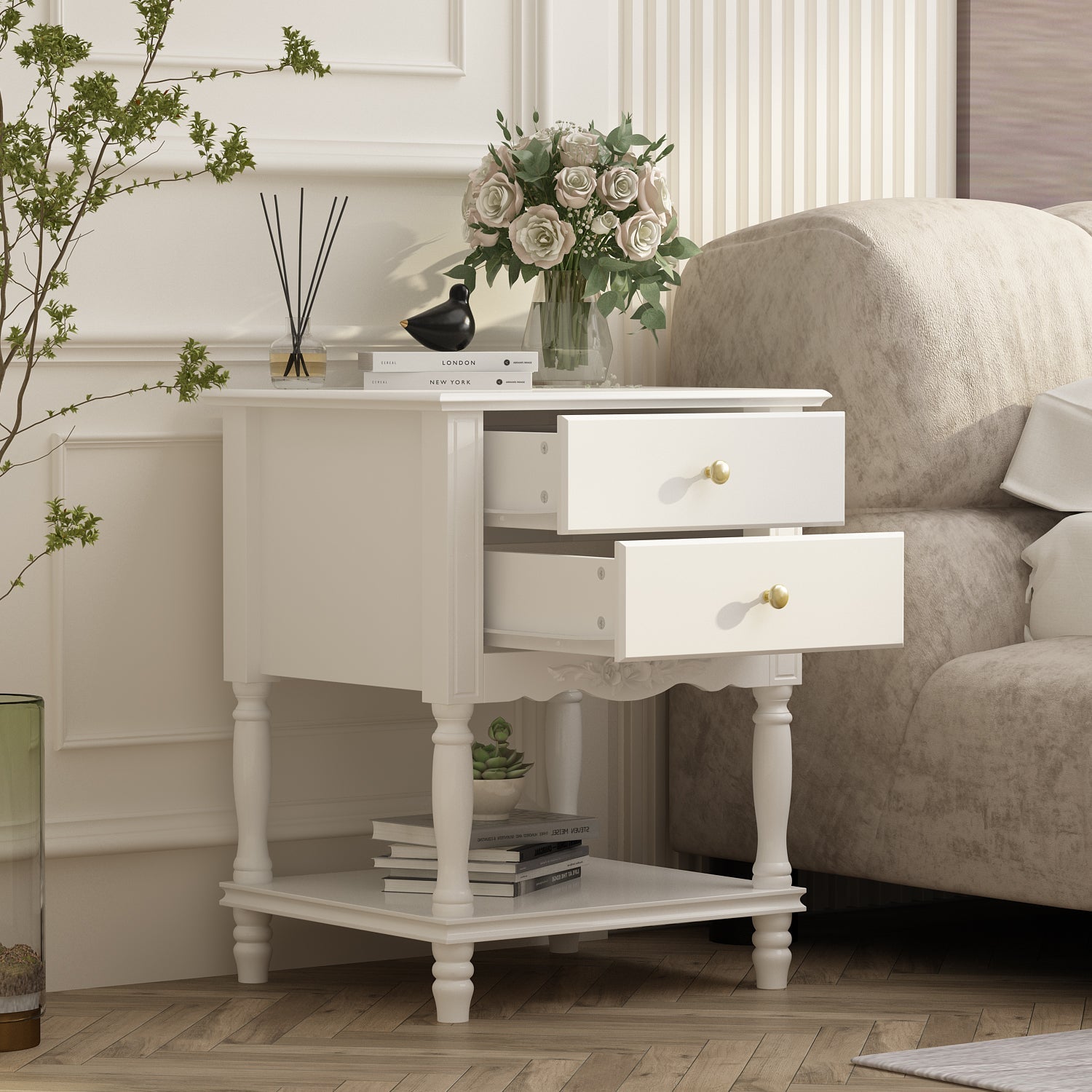 End Table Side Table Bedroom Night Stand Bedside Embossed Table with 2 Drawers & Open Shelf