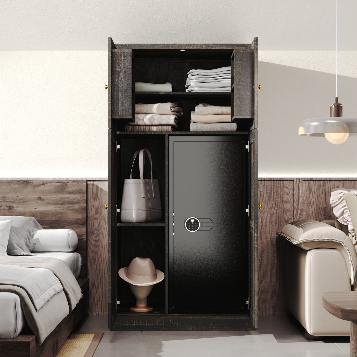 62" Modern Black Gun Safe Storage Cabinet with Sensor Light and Pistol Rack