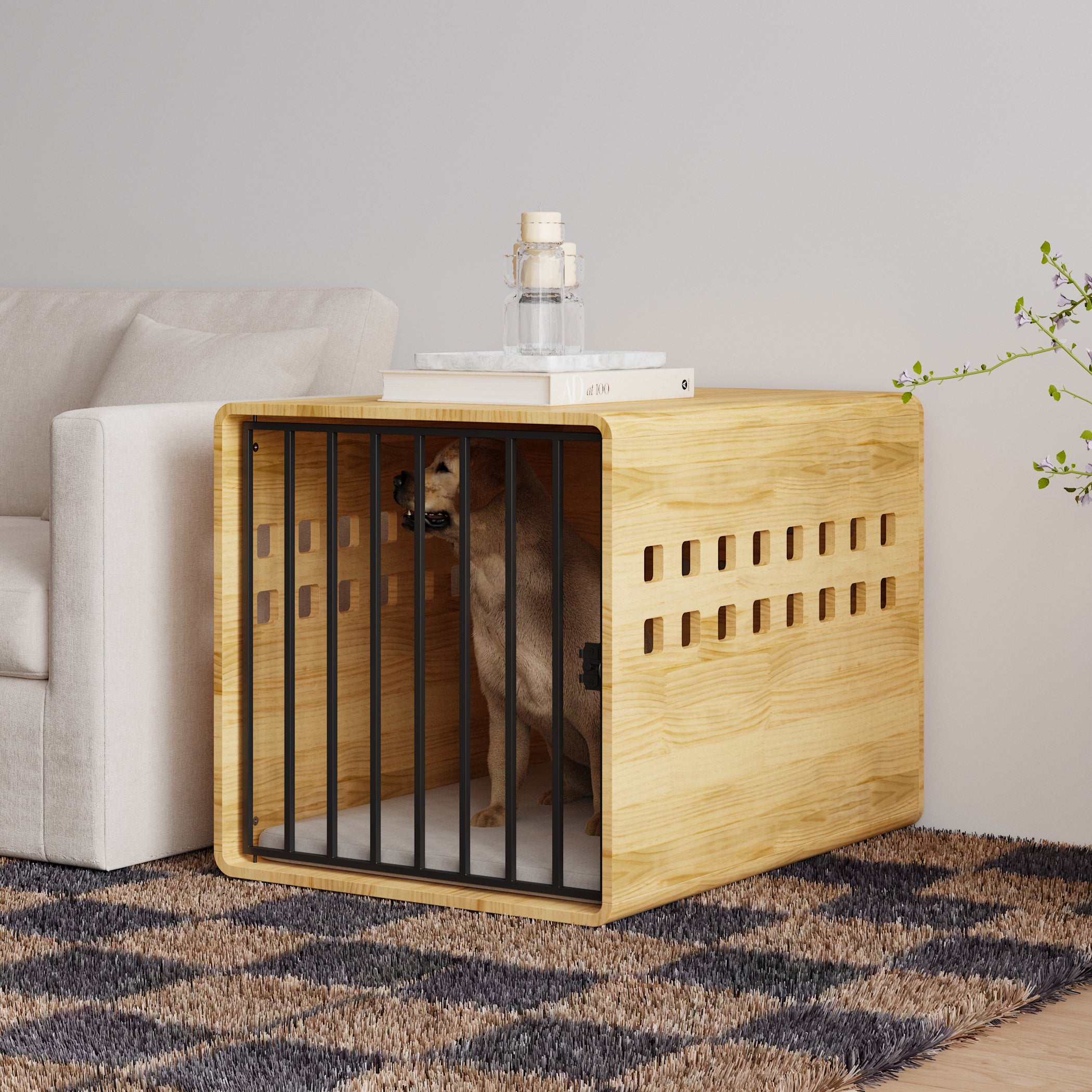 Large Solid Pine Wood Dog Crate With Stainless Steel Latch And Ventilation