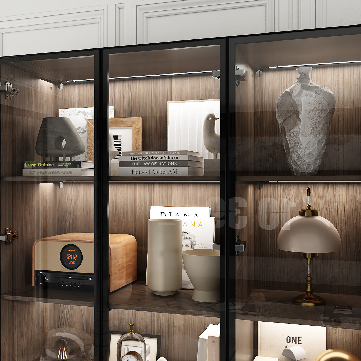 Geyma 78.7" Modern Brown Display Case with LED Lights & 4 Tempered Glass Doors